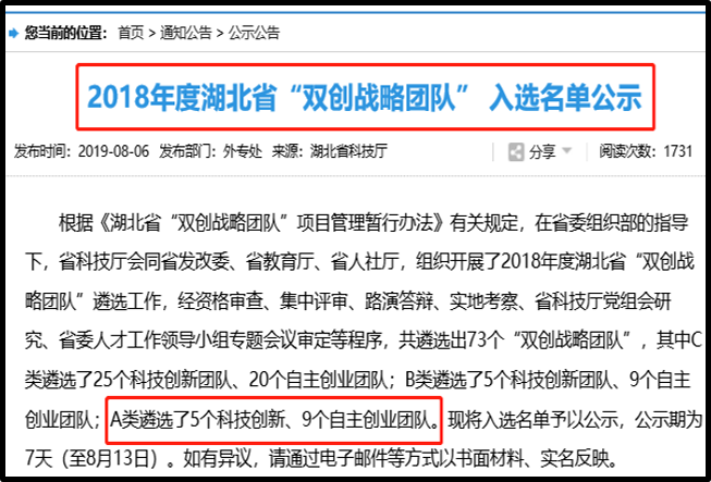 湖北省双创战略团队A类项目
